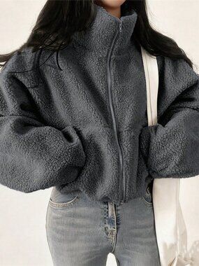 Grey Casual Women's Elegant Pocket Zip-Up Short Jacket